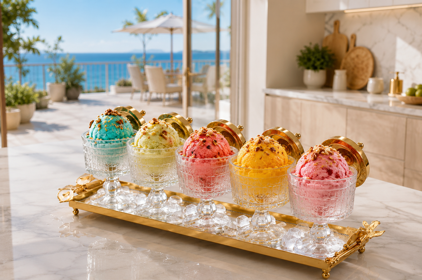 Luxury Crystal Snack Bowl Set with Decorative Gold Tray | 3, 4 & 5 Bowl Serving Set | Stainless Steel Fleur-de-Lis Design