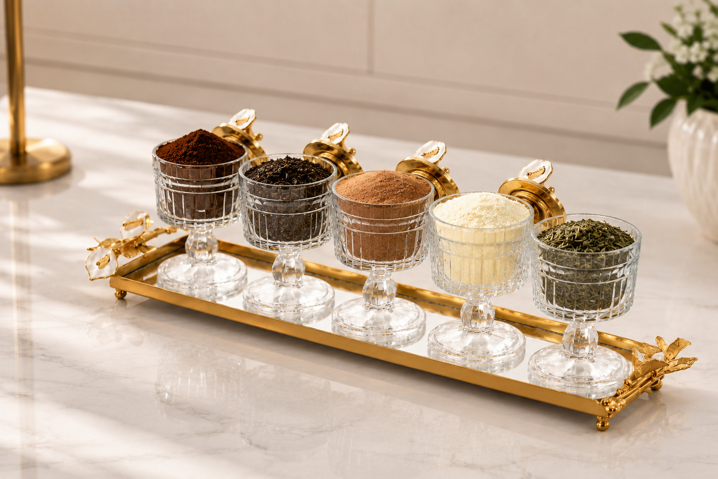 Luxury Crystal Snack Bowl Set with Decorative Gold Tray | 3, 4 & 5 Bowl Serving Set | Stainless Steel Fleur-de-Lis Design