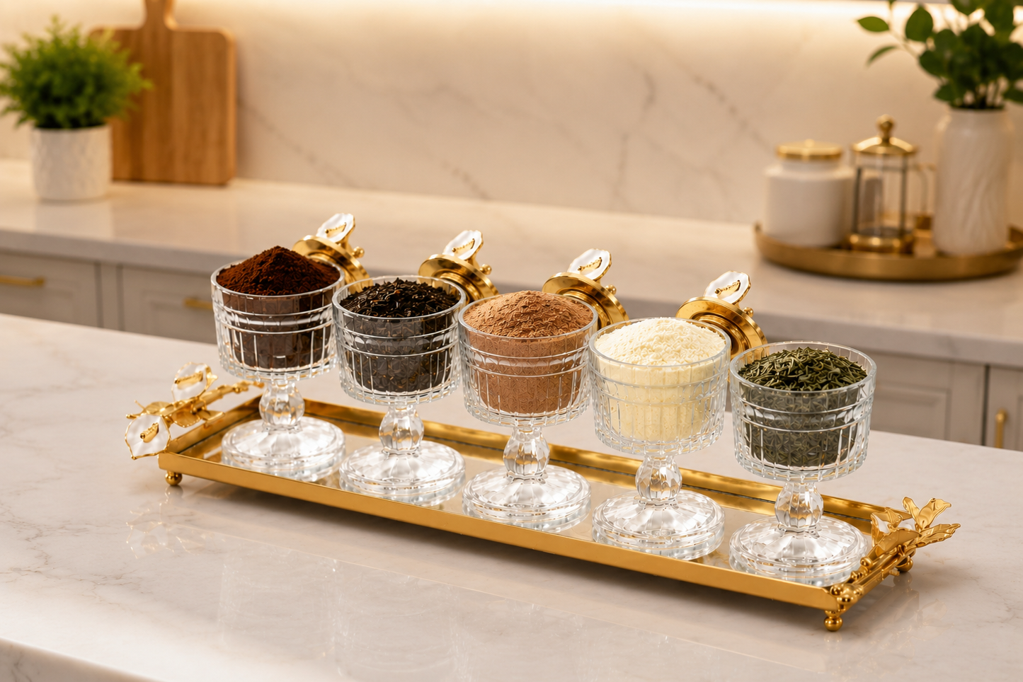 Luxury Crystal Snack Bowl Set with Decorative Gold Tray | 3, 4 & 5 Bowl Serving Set | Stainless Steel Fleur-de-Lis Design