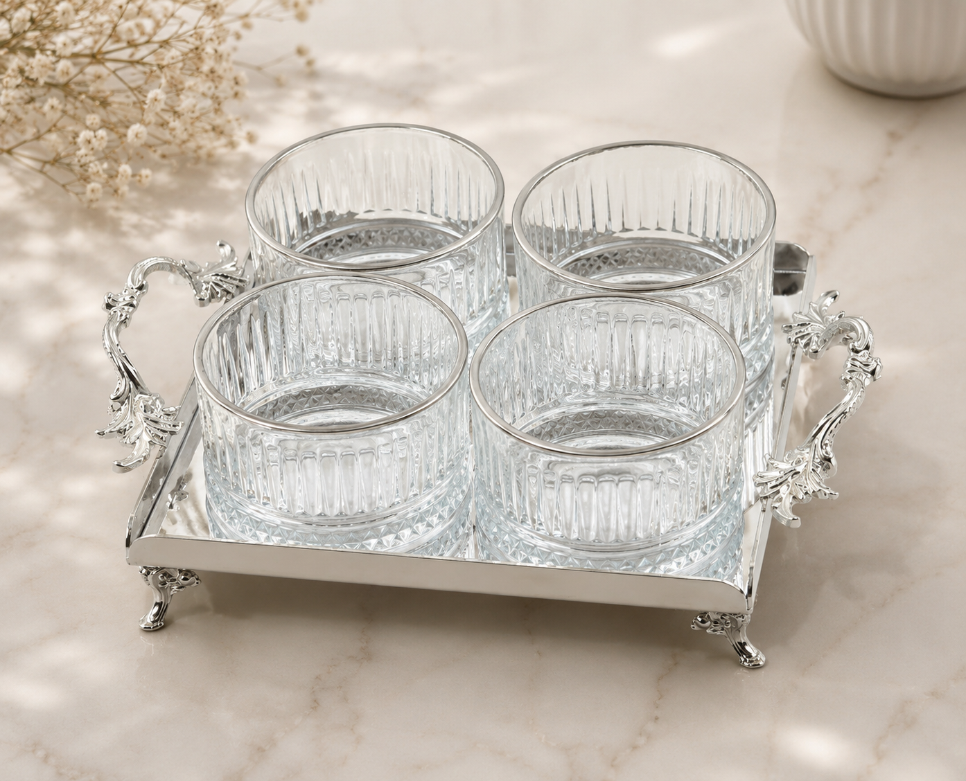 Luxury Gold Crystal Glass Snack Bowl Set with Stainless Steel Serving Tray