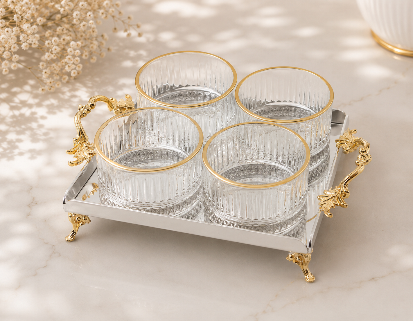 Luxury Gold Crystal Glass Snack Bowl Set with Stainless Steel Serving Tray