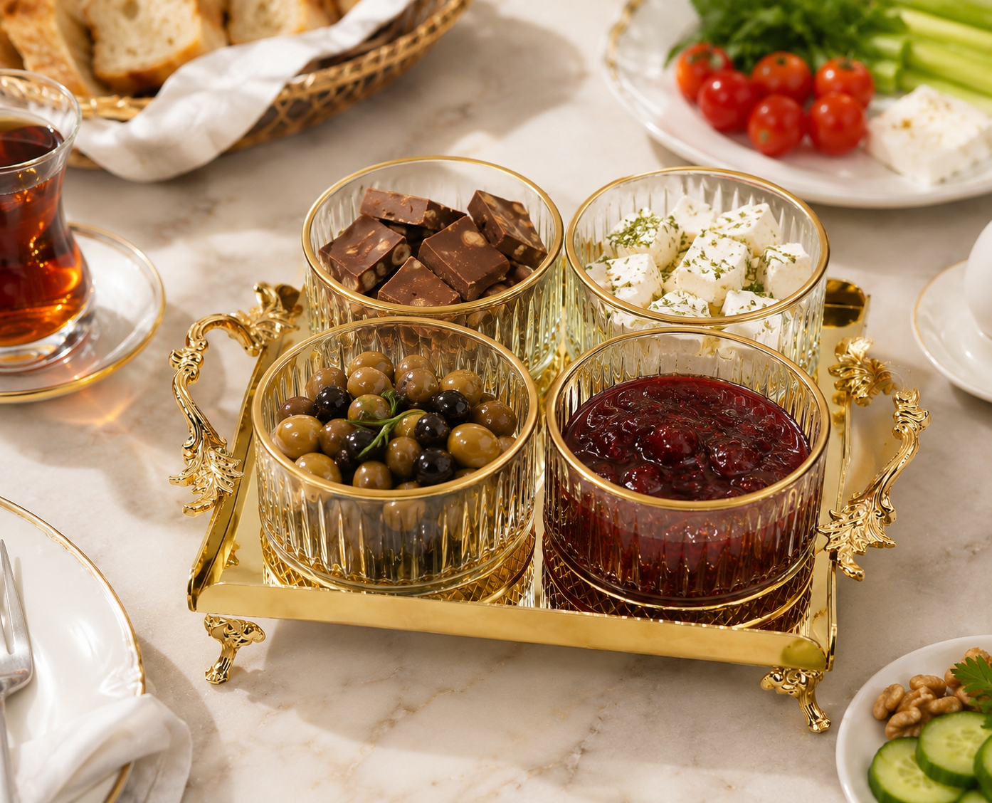 Luxury Gold Crystal Glass Snack Bowl Set with Stainless Steel Serving Tray