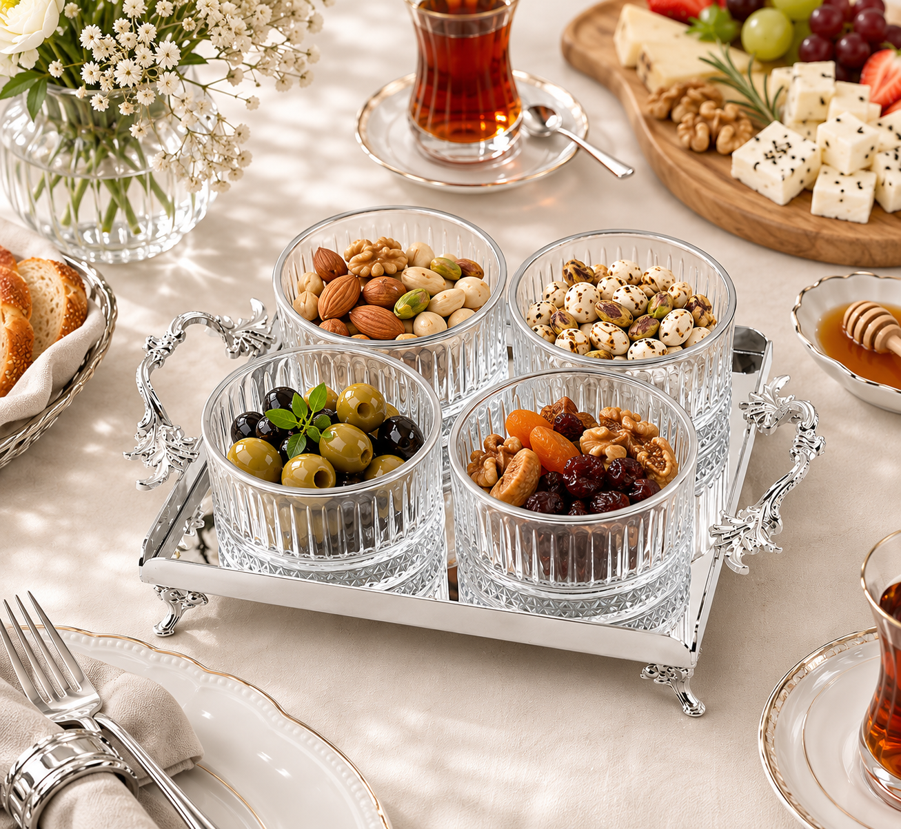 Luxury Gold Crystal Glass Snack Bowl Set with Stainless Steel Serving Tray