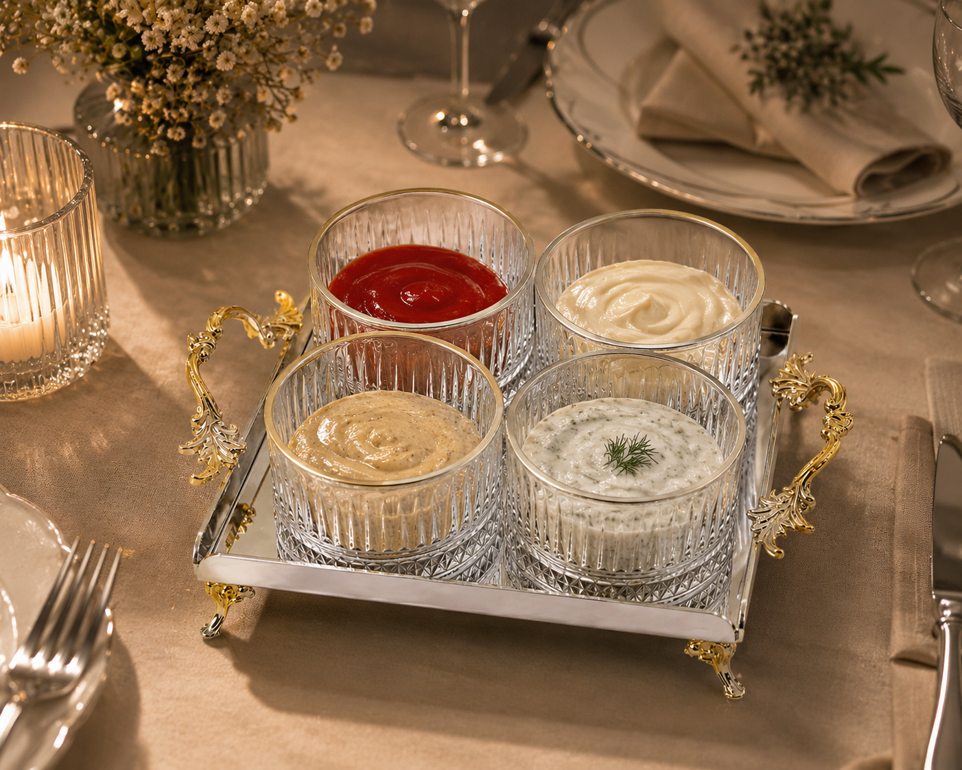 Luxury Gold Crystal Glass Snack Bowl Set with Stainless Steel Serving Tray