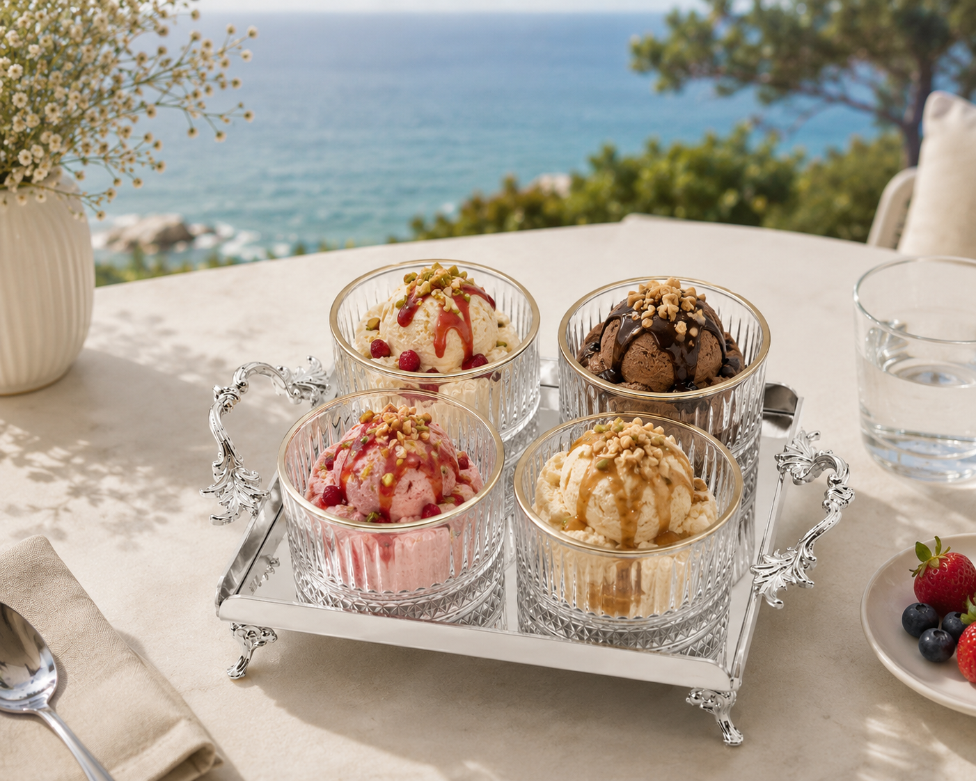 Luxury Gold Crystal Glass Snack Bowl Set with Stainless Steel Serving Tray