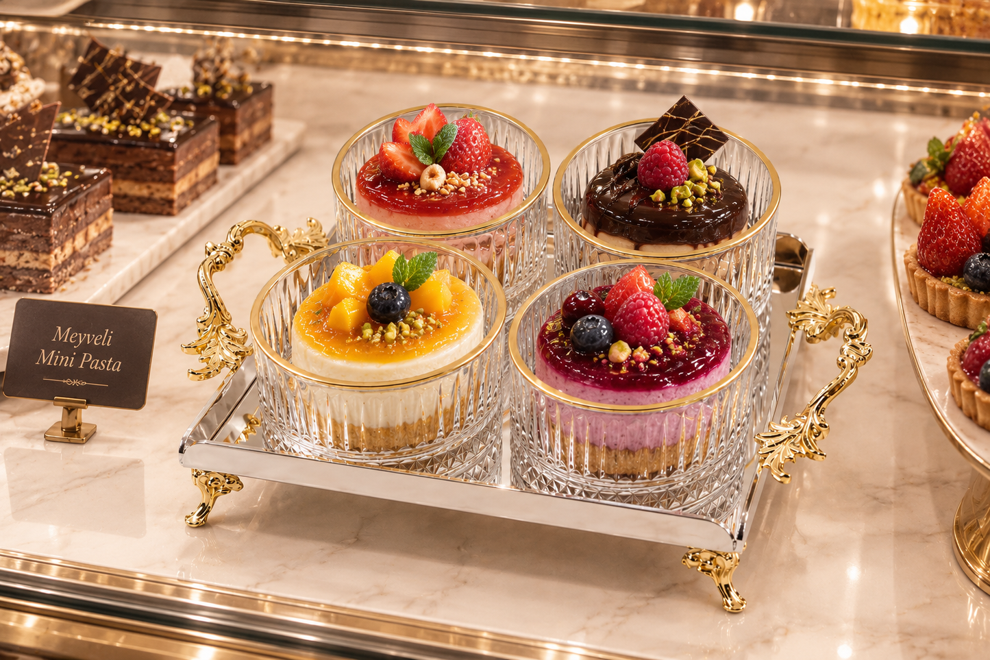 Luxury Gold Crystal Glass Snack Bowl Set with Stainless Steel Serving Tray