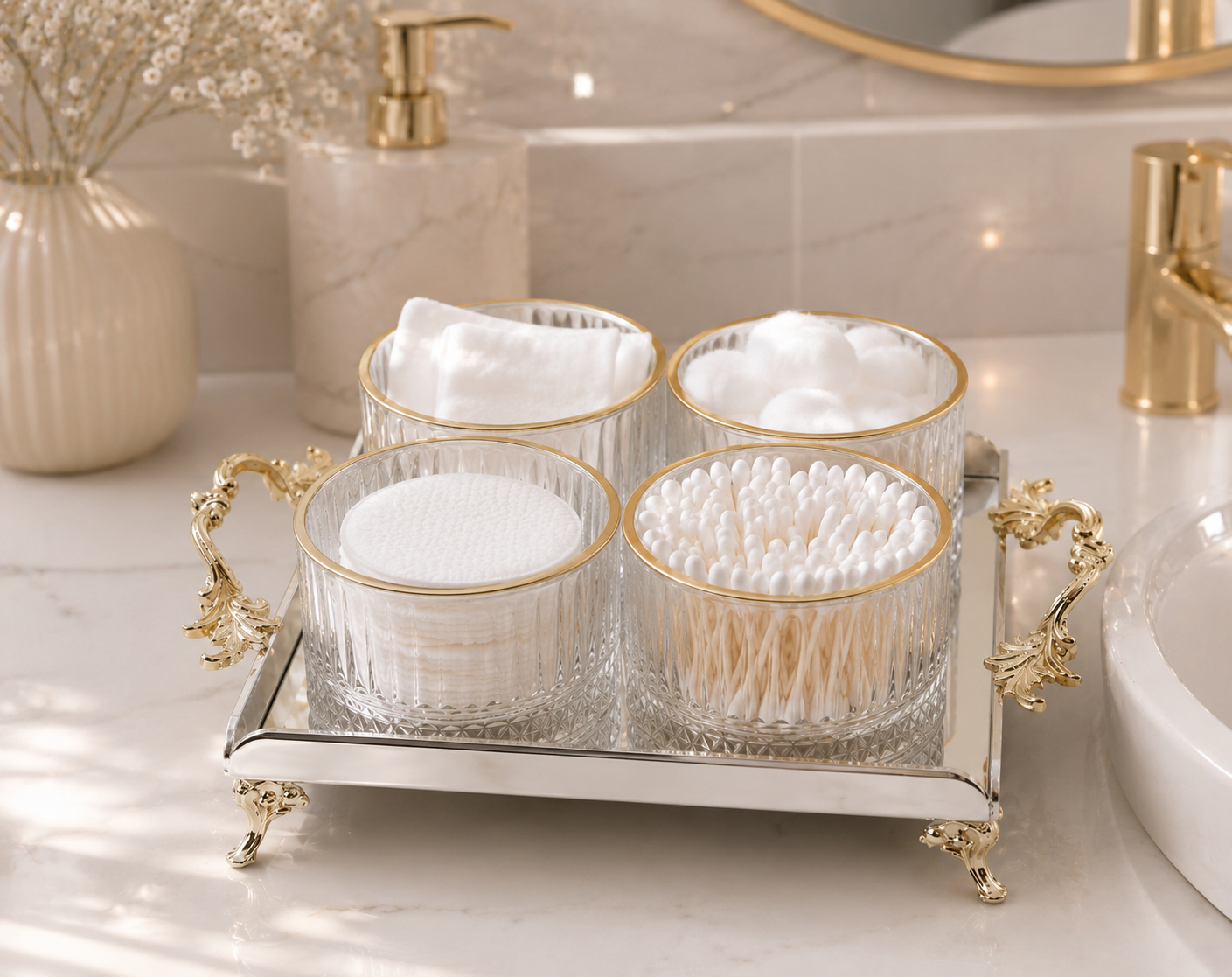 Luxury Crystal Glass Bathroom Organizer Set with Gold Tray | Vanity Storage & Spa Bathroom Decor
