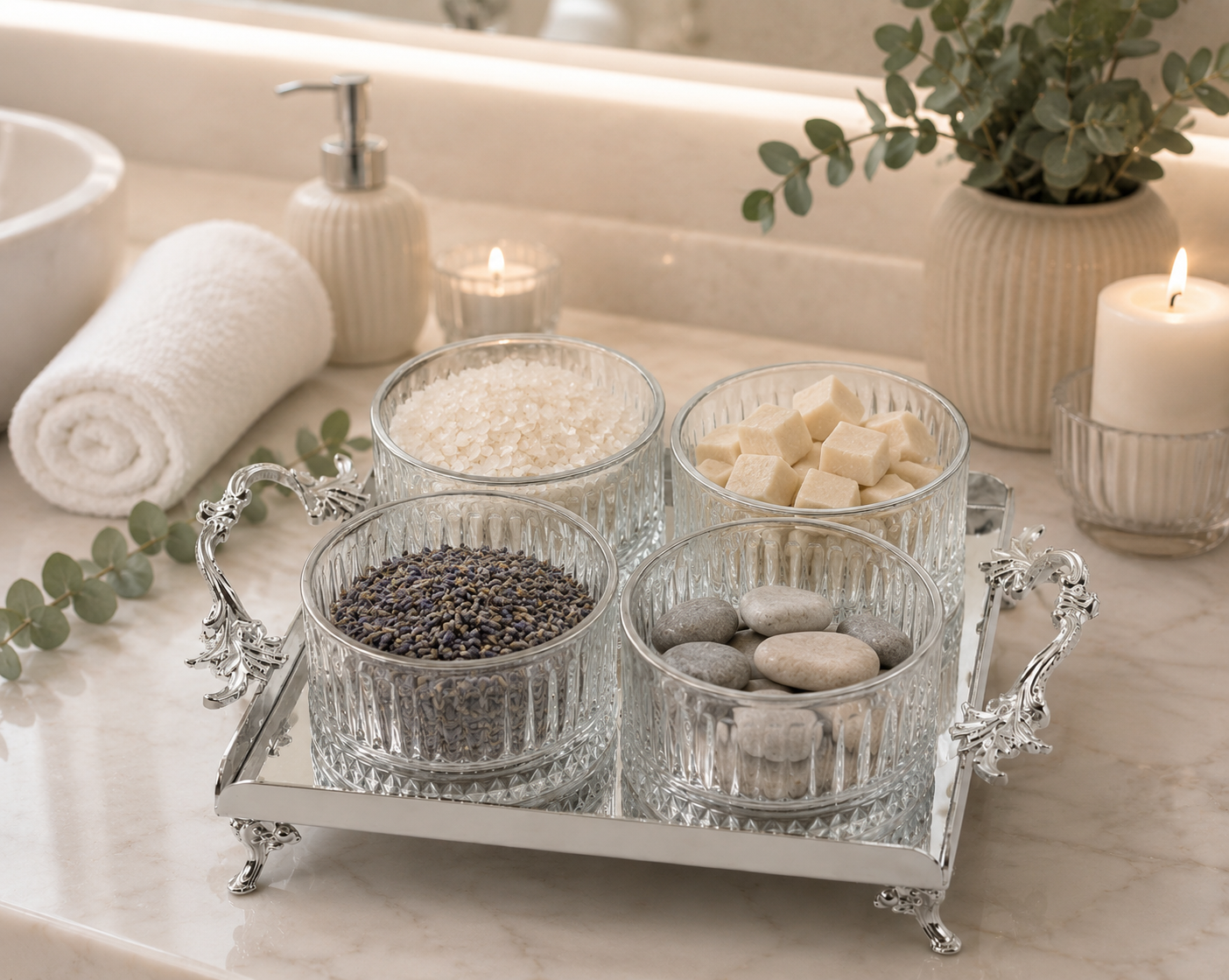 Luxury Crystal Glass Bathroom Organizer Set with Gold Tray | Vanity Storage & Spa Bathroom Decor