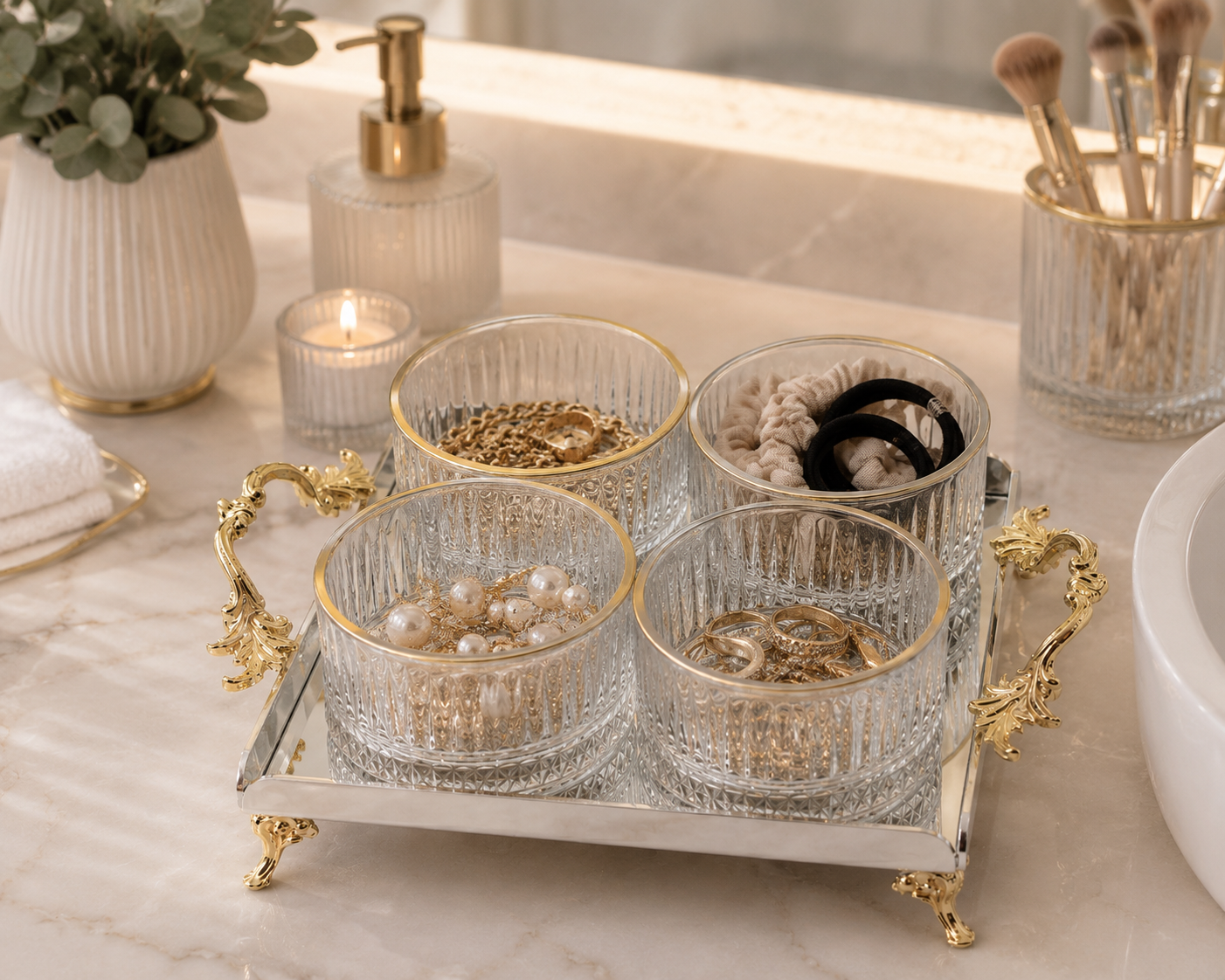 Luxury Crystal Glass Bathroom Organizer Set with Gold Tray | Vanity Storage & Spa Bathroom Decor