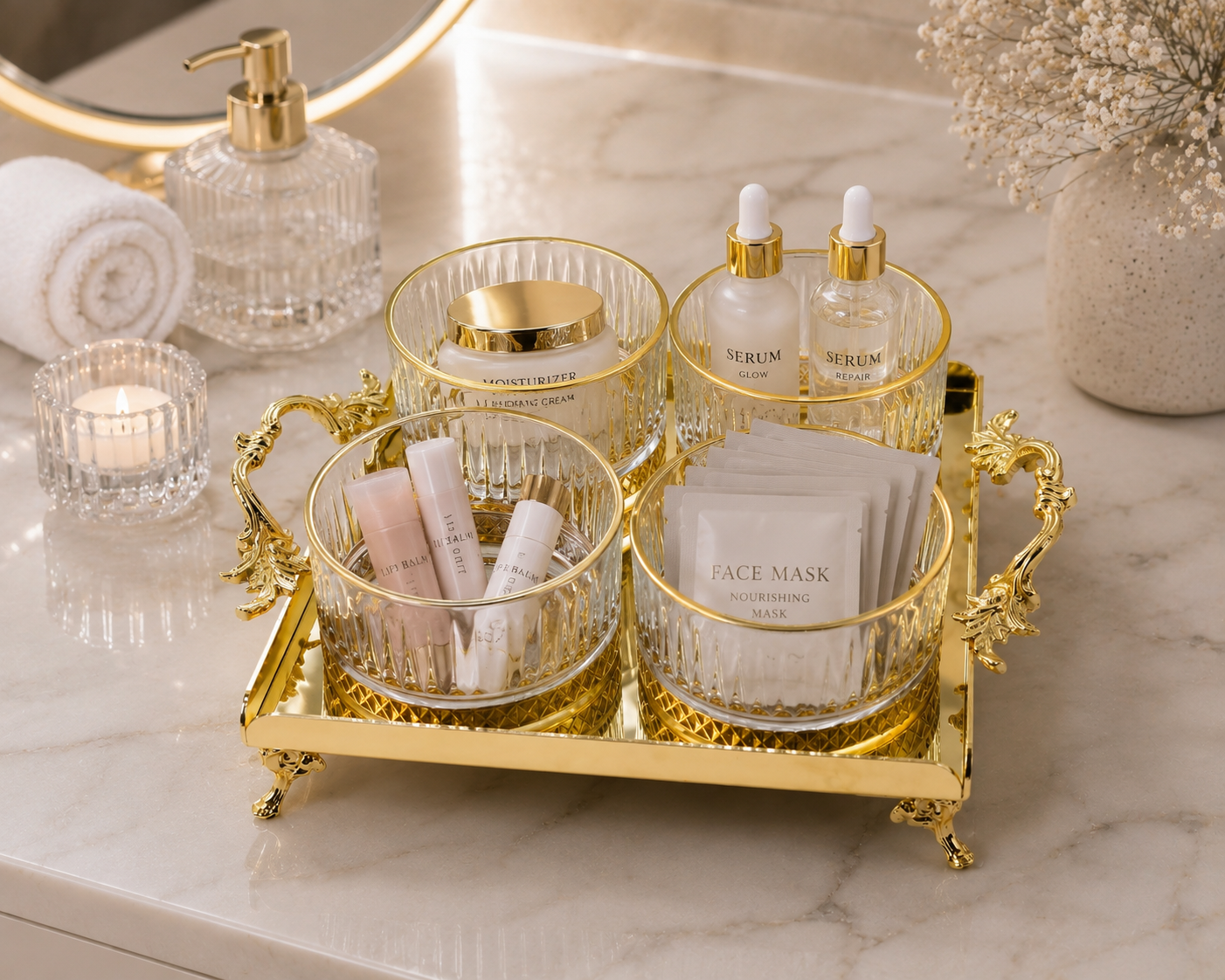 Luxury Crystal Glass Bathroom Organizer Set with Gold Tray | Vanity Storage & Spa Bathroom Decor