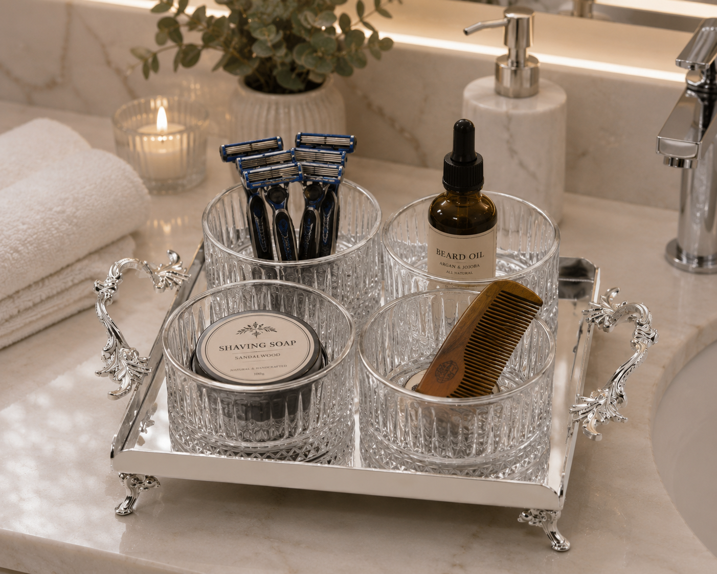 Luxury Crystal Glass Bathroom Organizer Set with Gold Tray | Vanity Storage & Spa Bathroom Decor