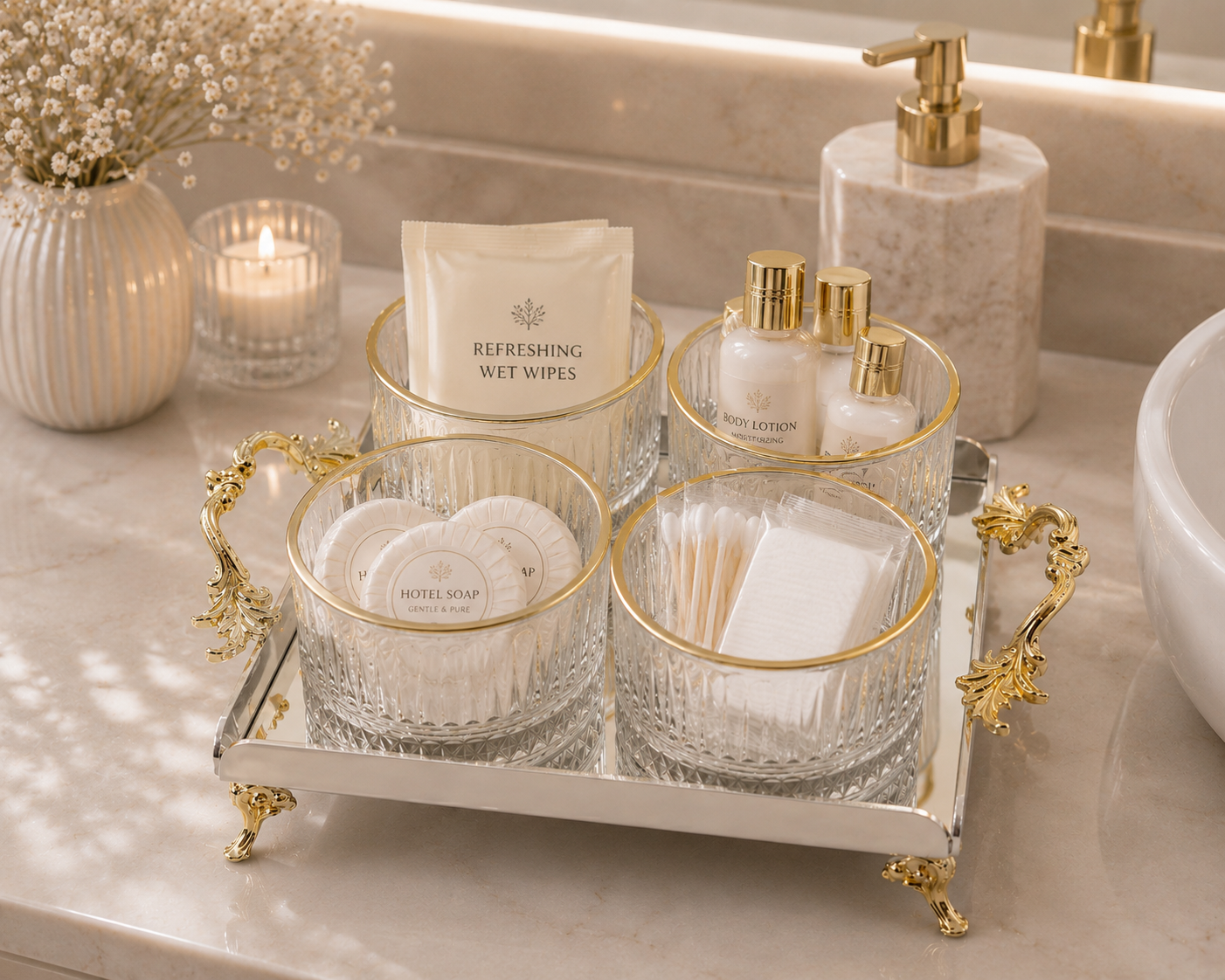 Luxury Crystal Glass Bathroom Organizer Set with Gold Tray | Vanity Storage & Spa Bathroom Decor