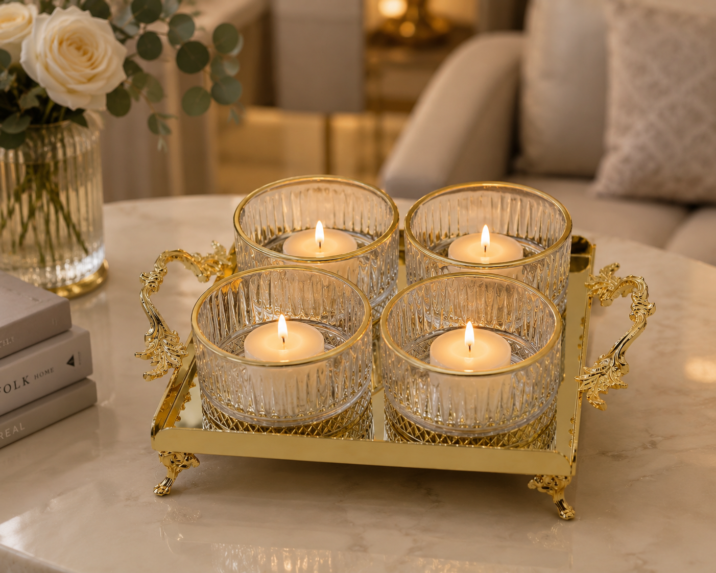 Luxury Crystal Glass Bathroom Organizer Set with Gold Tray | Vanity Storage & Spa Bathroom Decor