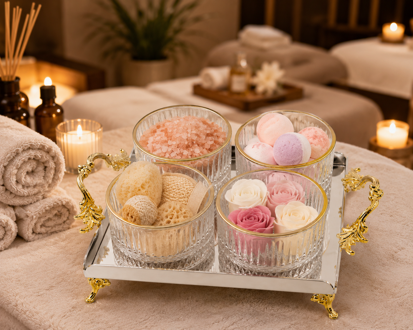 Luxury Crystal Glass Bathroom Organizer Set with Gold Tray | Vanity Storage & Spa Bathroom Decor