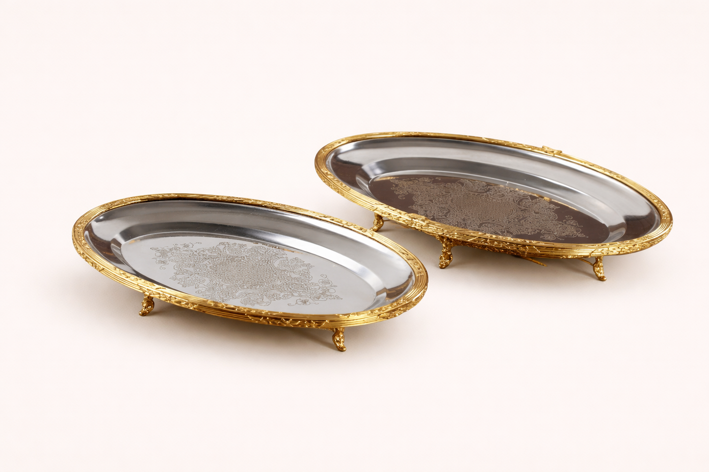 Silver Oval Serving Tray with Feet, Decorative Metal Presentation Platter for Home and Events