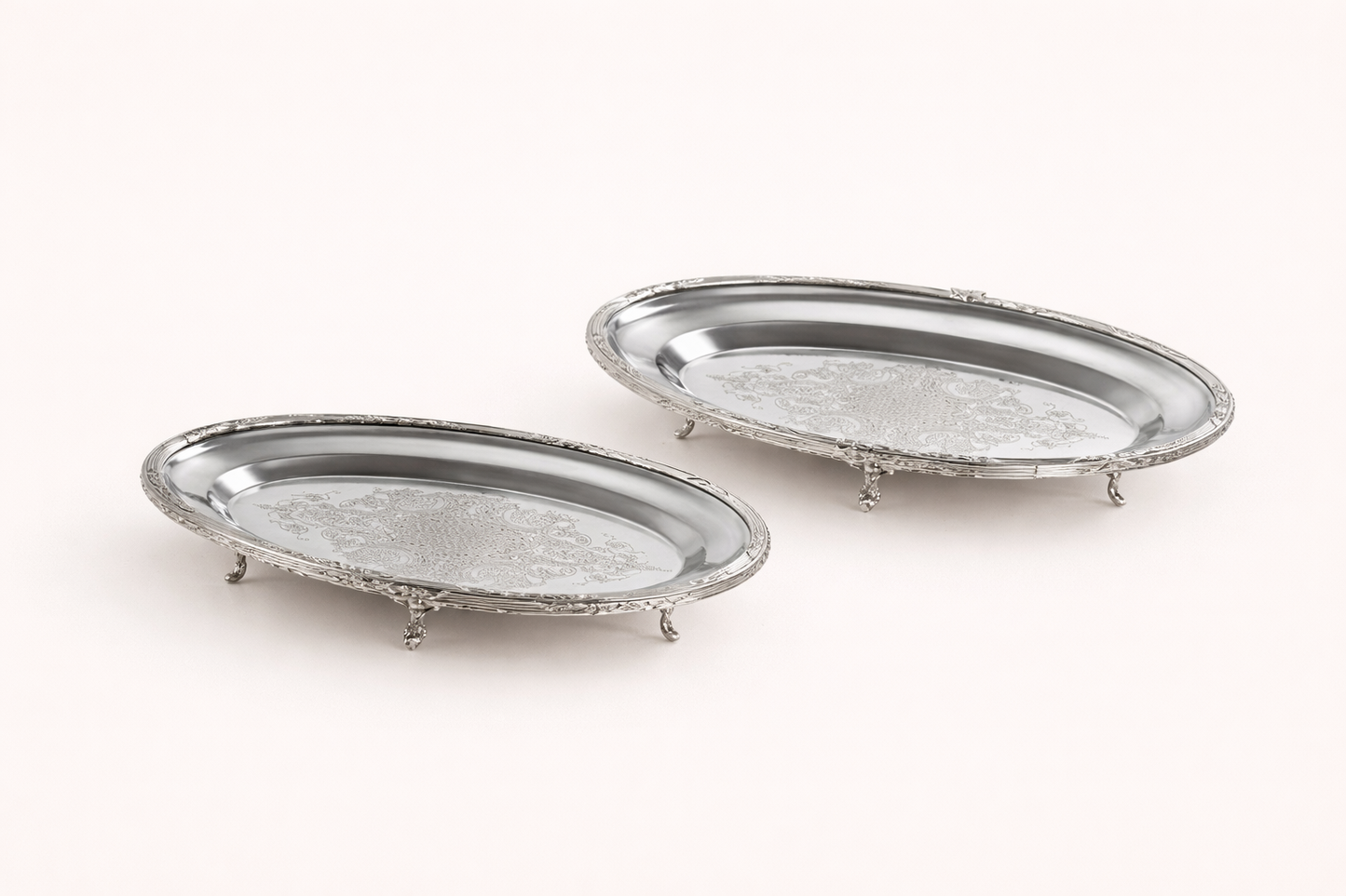 Silver Oval Serving Tray with Feet, Decorative Metal Presentation Platter for Home and Events