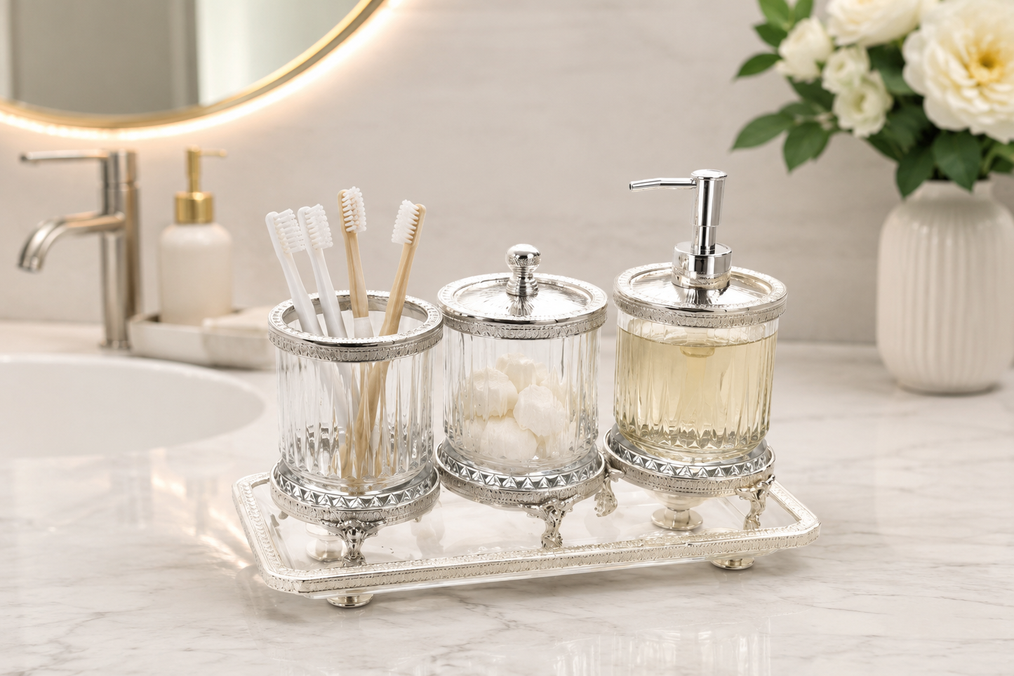 Luxury Bathroom Accessory Set Crystal Glass Vanity Organizer Toothbrush Holder Soap Dispenser Tray Gold Silver