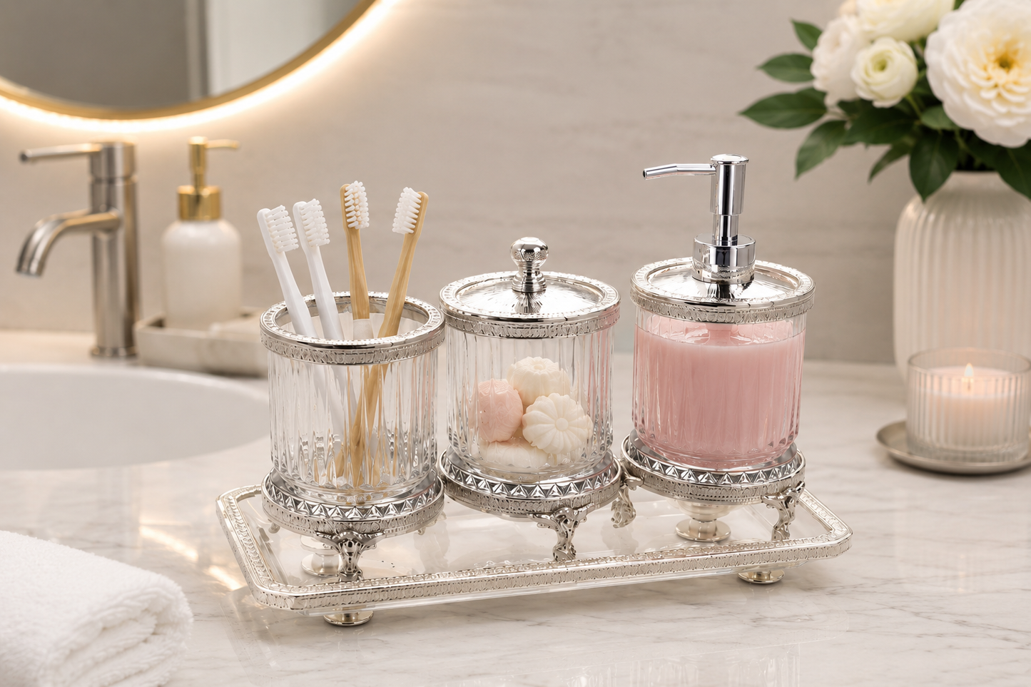 Luxury Bathroom Accessory Set Crystal Glass Vanity Organizer Toothbrush Holder Soap Dispenser Tray Gold Silver
