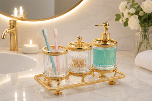 Luxury Bathroom Accessory Set Crystal Glass Vanity Organizer Toothbrush Holder Soap Dispenser Tray Gold Silver