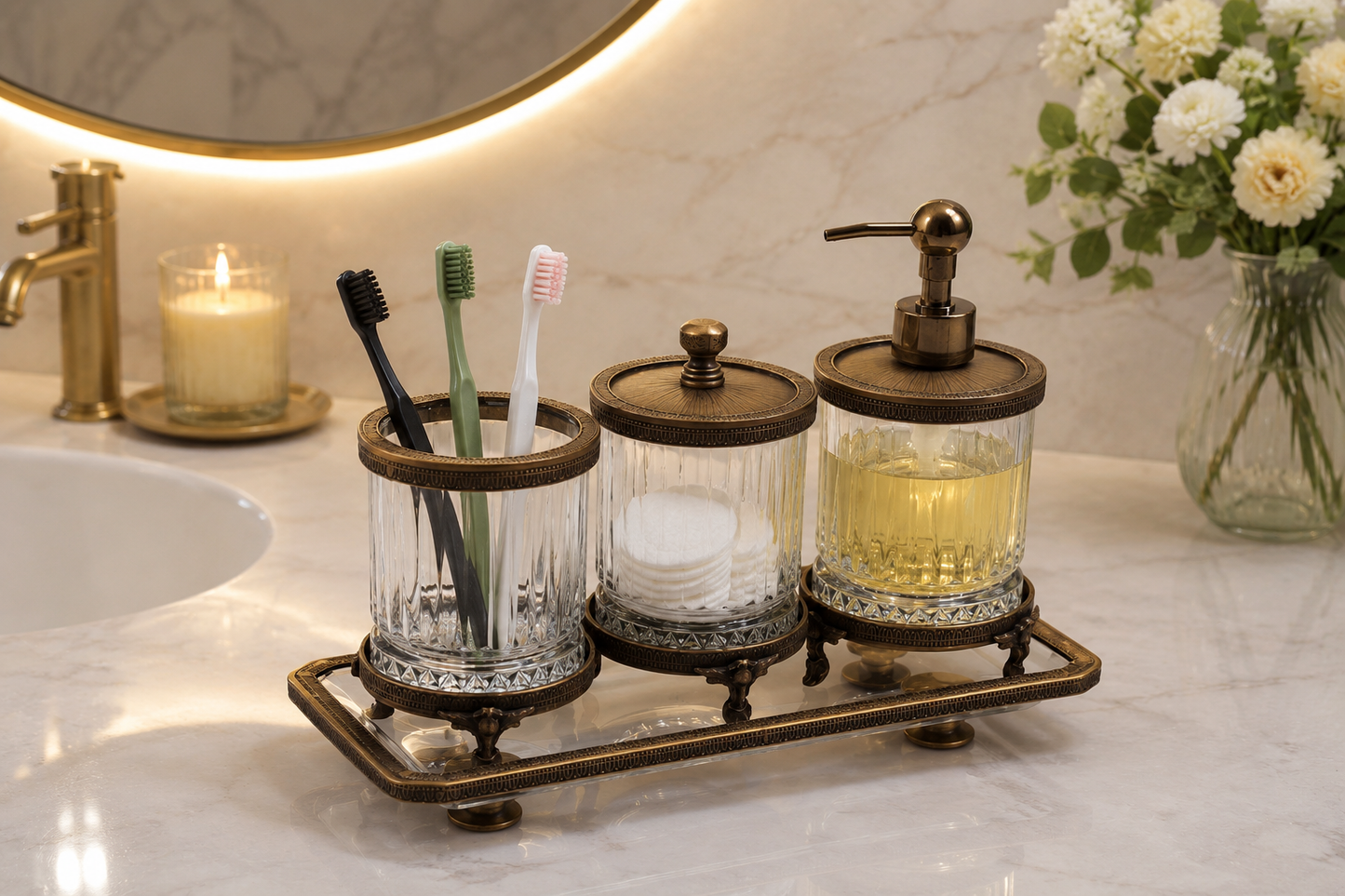 Luxury Bathroom Accessory Set Crystal Glass Vanity Organizer Toothbrush Holder Soap Dispenser Tray Gold Silver