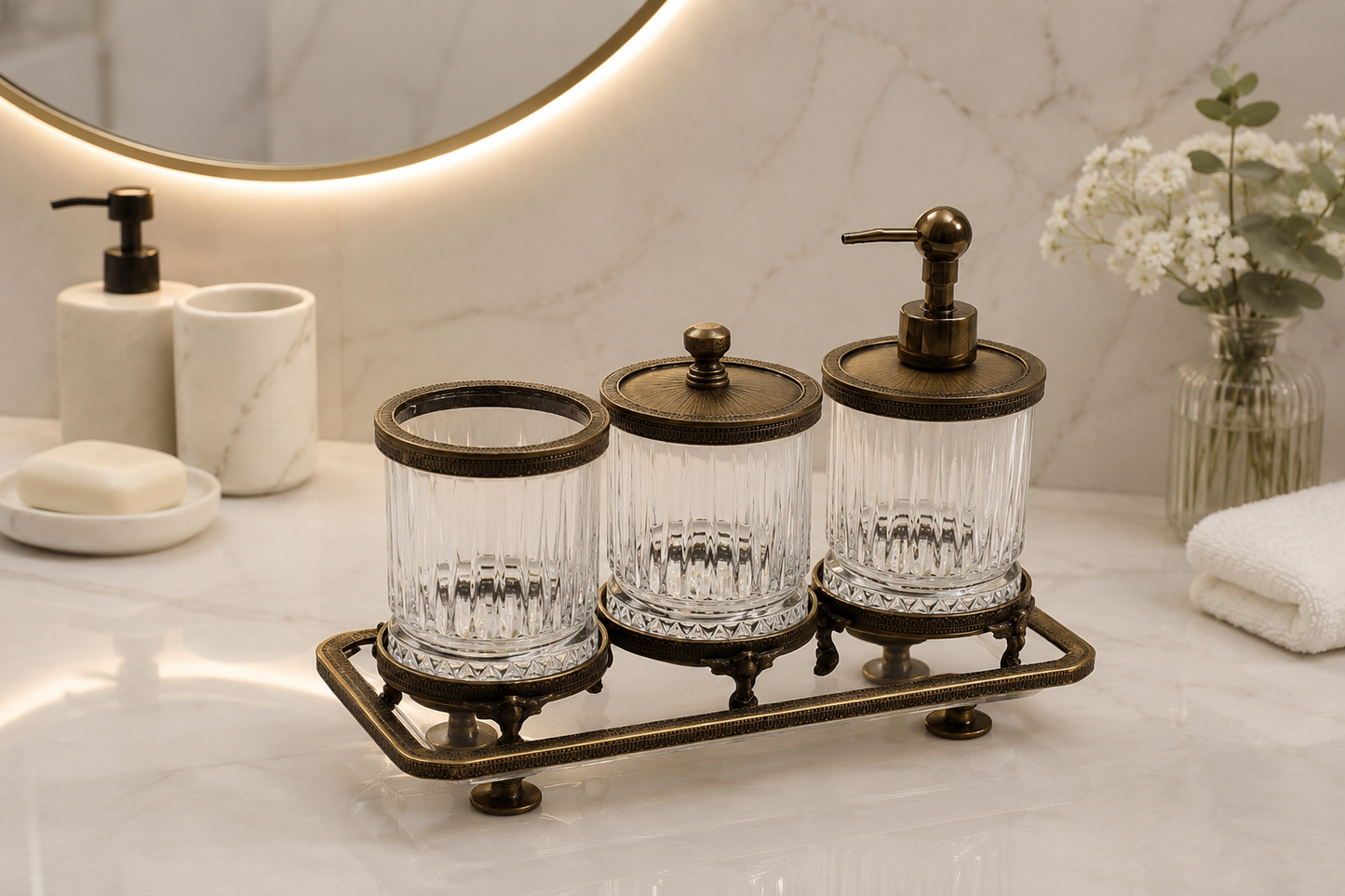 Luxury Bathroom Accessory Set Crystal Glass Vanity Organizer Toothbrush Holder Soap Dispenser Tray Gold Silver