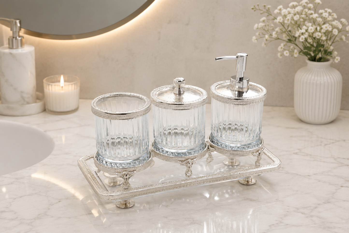 Luxury Bathroom Accessory Set Crystal Glass Vanity Organizer Toothbrush Holder Soap Dispenser Tray Gold Silver