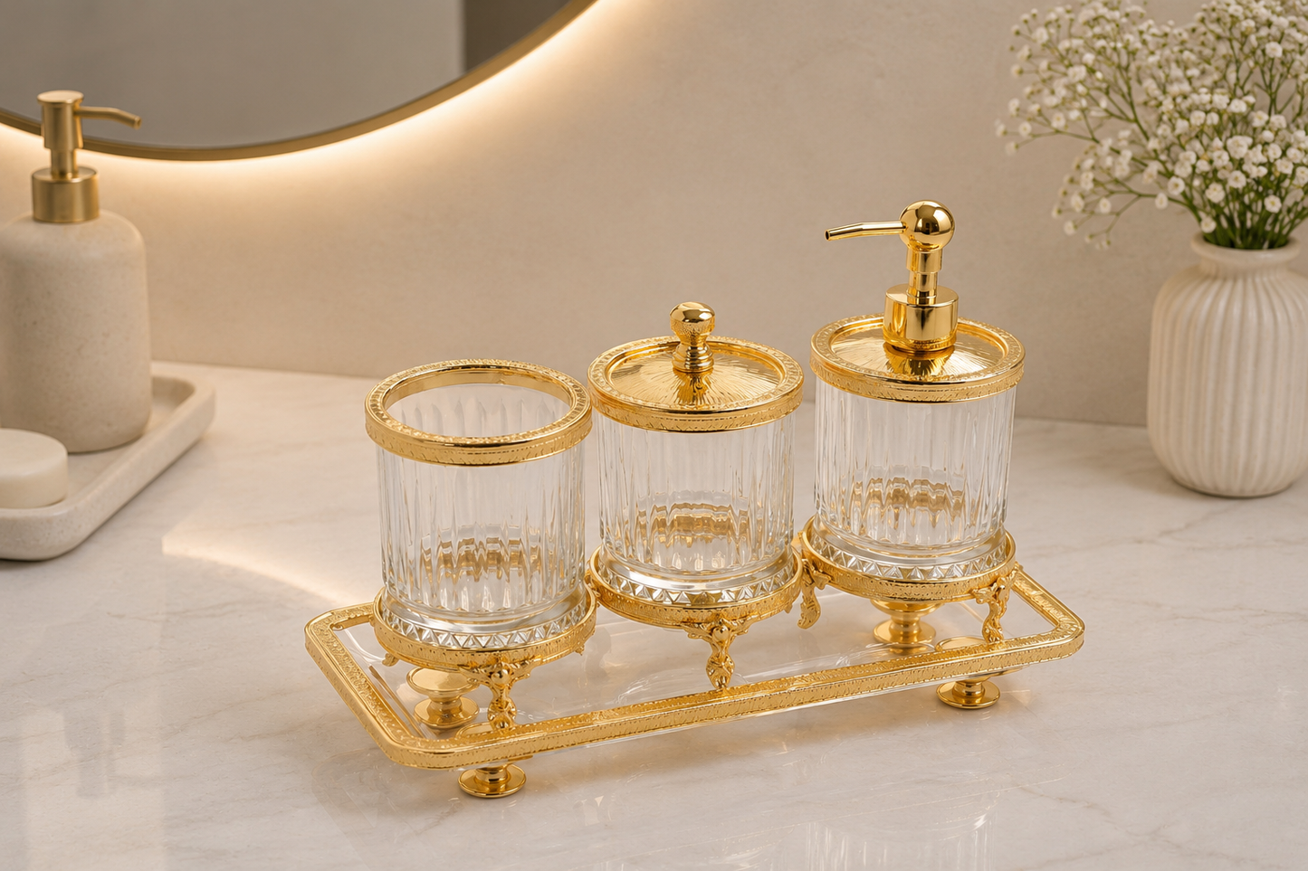 Luxury Bathroom Accessory Set Crystal Glass Vanity Organizer Toothbrush Holder Soap Dispenser Tray Gold Silver