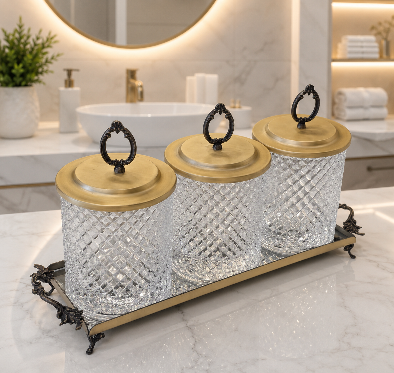 Luxury Bathroom Organizer Set, Crystal Glass Canisters with Tray, Vanity Storage Jars, Bathroom Decor