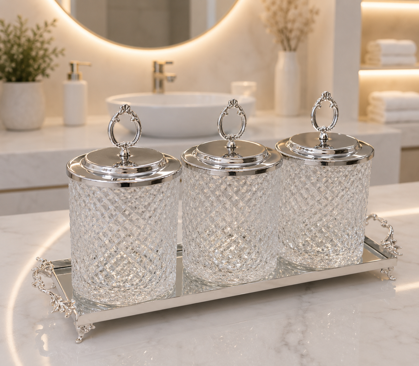 Luxury Bathroom Organizer Set, Crystal Glass Canisters with Tray, Vanity Storage Jars, Bathroom Decor