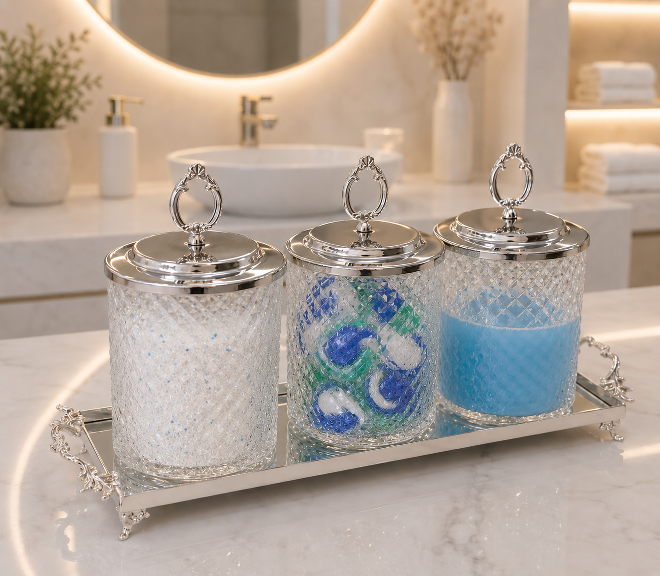 Luxury Bathroom Organizer Set, Crystal Glass Canisters with Tray, Vanity Storage Jars, Bathroom Decor