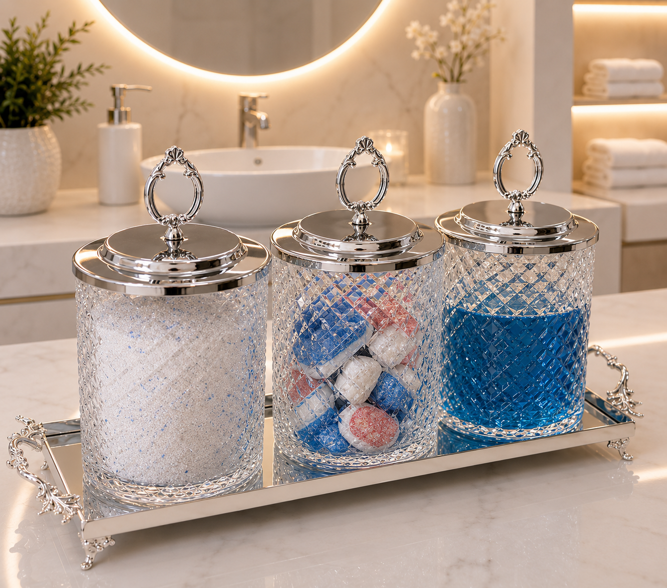 Luxury Bathroom Organizer Set, Crystal Glass Canisters with Tray, Vanity Storage Jars, Bathroom Decor