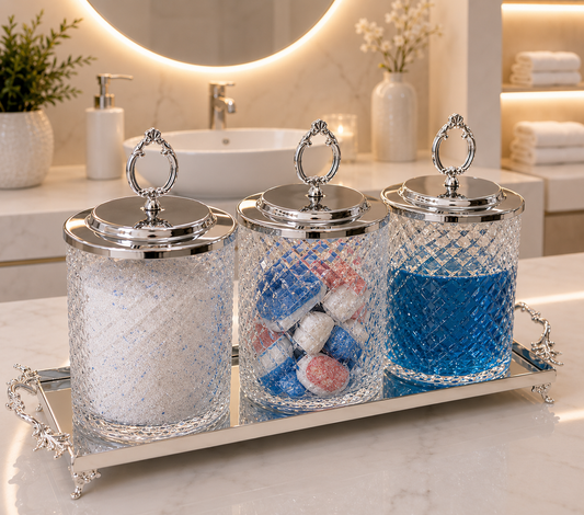 Luxury Bathroom Organizer Set, Crystal Glass Canisters with Tray, Vanity Storage Jars, Bathroom Decor