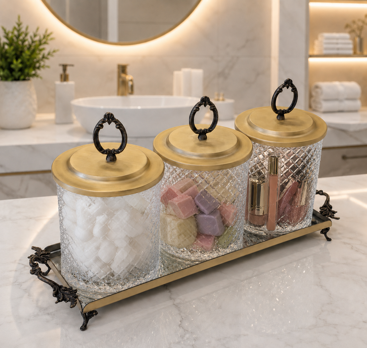Luxury Bathroom Organizer Set, Crystal Glass Canisters with Tray, Vanity Storage Jars, Bathroom Decor