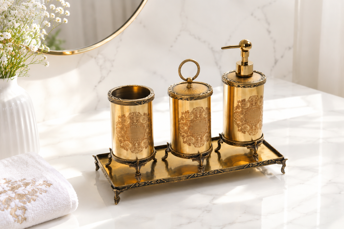 Luxury Gold Bathroom Accessories Set with Vanity Tray, Baroque Soap Dispenser and Toothbrush Holder, Elegant Housewarming Gift