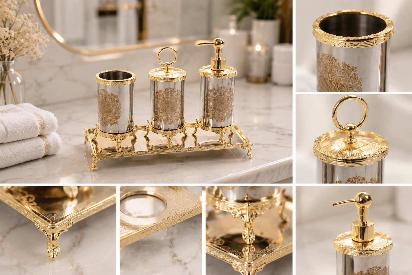 Luxury Gold Bathroom Accessories Set with Vanity Tray, Baroque Soap Dispenser and Toothbrush Holder, Elegant Housewarming Gift