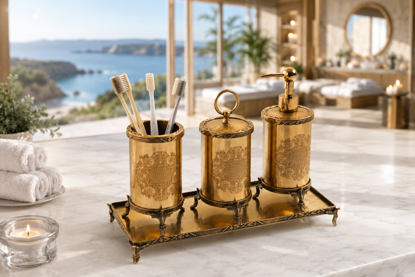Luxury Gold Bathroom Accessories Set with Vanity Tray, Baroque Soap Dispenser and Toothbrush Holder, Elegant Housewarming Gift