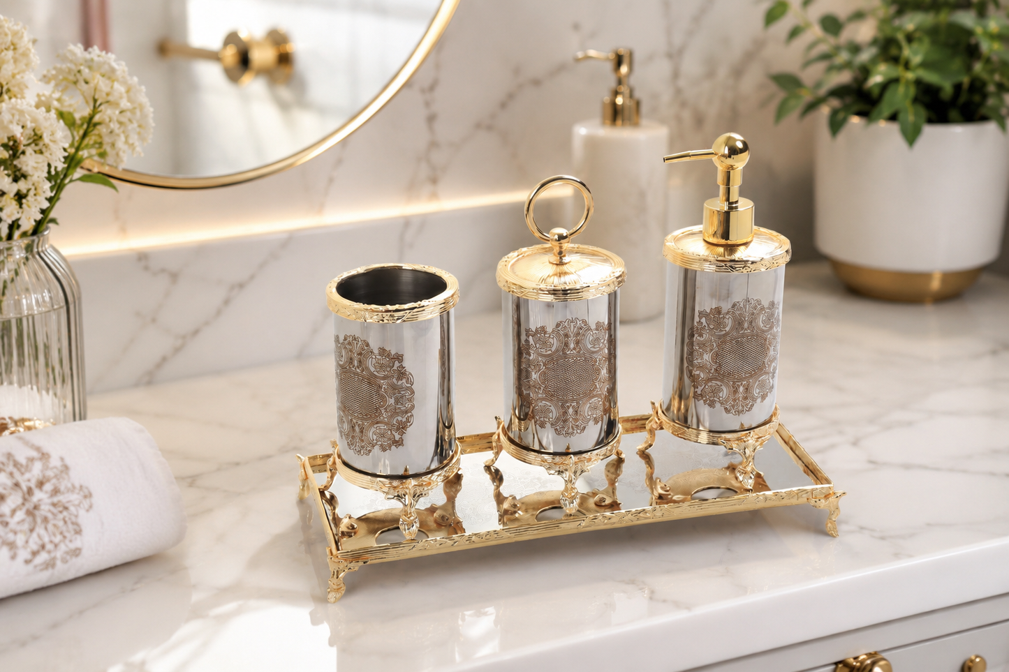 Luxury Gold Bathroom Accessories Set with Vanity Tray, Baroque Soap Dispenser and Toothbrush Holder, Elegant Housewarming Gift