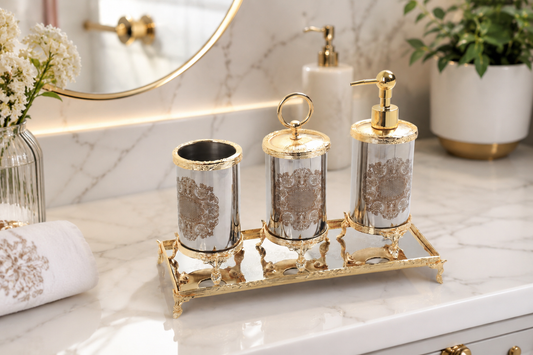 Luxury Gold Bathroom Accessories Set with Vanity Tray, Baroque Soap Dispenser and Toothbrush Holder, Elegant Housewarming Gift