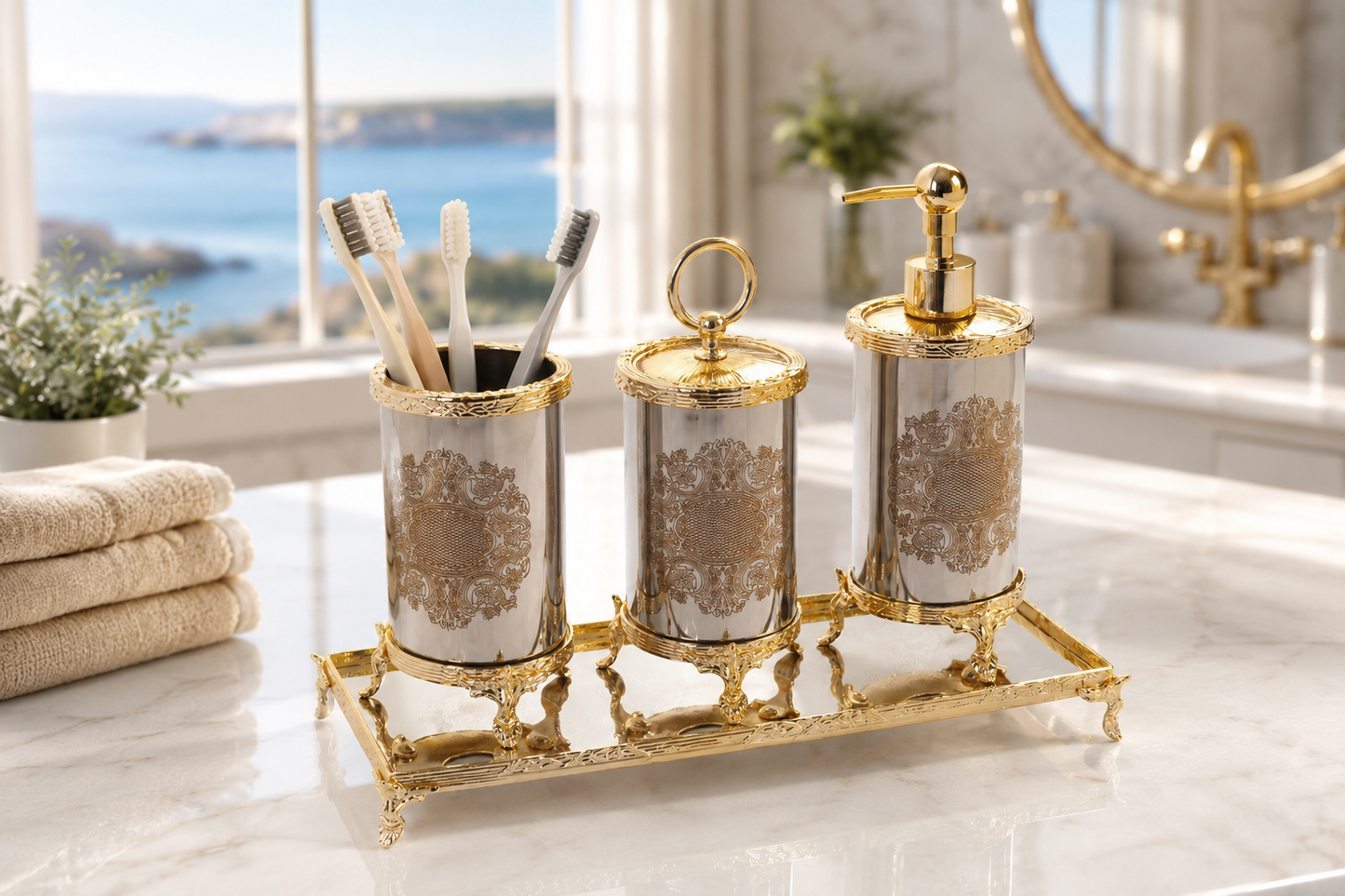 Luxury Gold Bathroom Accessories Set with Vanity Tray, Baroque Soap Dispenser and Toothbrush Holder, Elegant Housewarming Gift