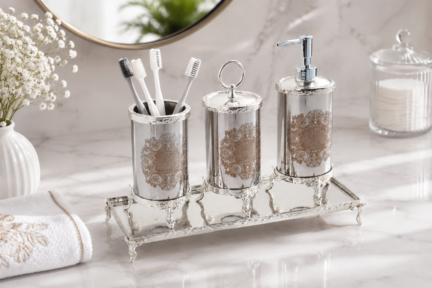 Luxury Gold Bathroom Accessories Set with Vanity Tray, Baroque Soap Dispenser and Toothbrush Holder, Elegant Housewarming Gift