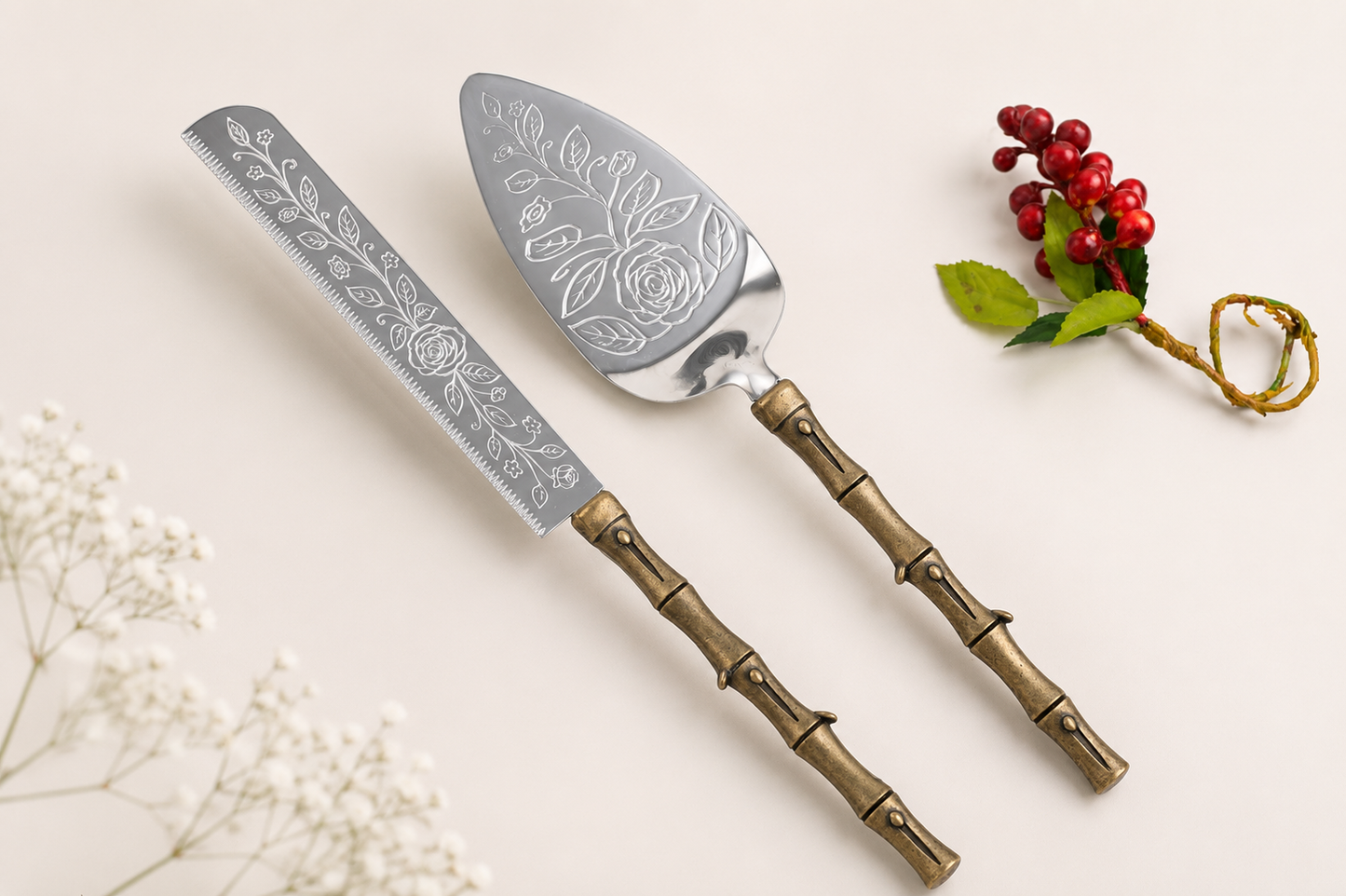 Luxury Gold Bamboo Cake Server Set | Engraved Stainless Steel Wedding Cake Knife & Serving Set