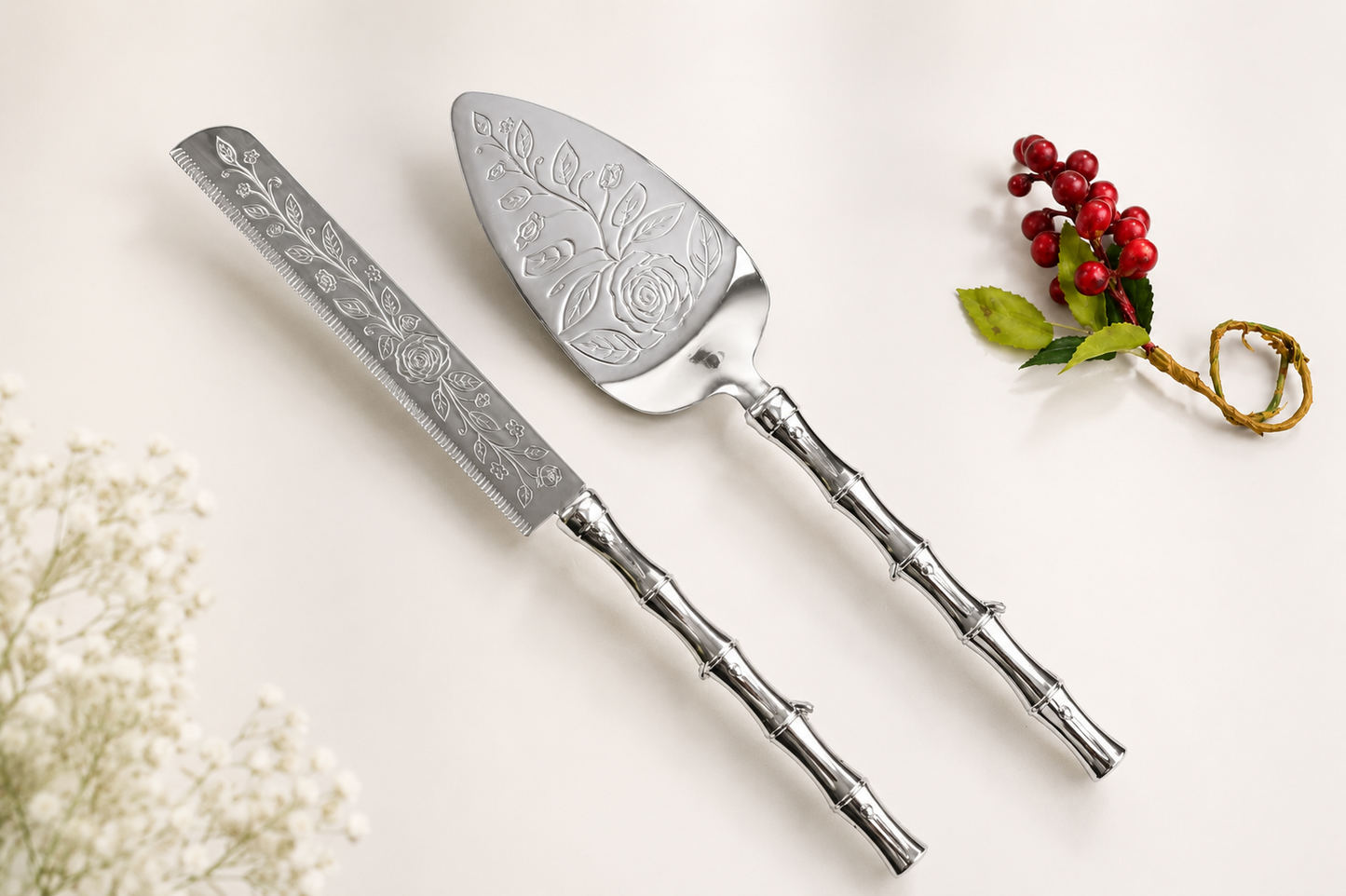 Luxury Gold Bamboo Cake Server Set | Engraved Stainless Steel Wedding Cake Knife & Serving Set