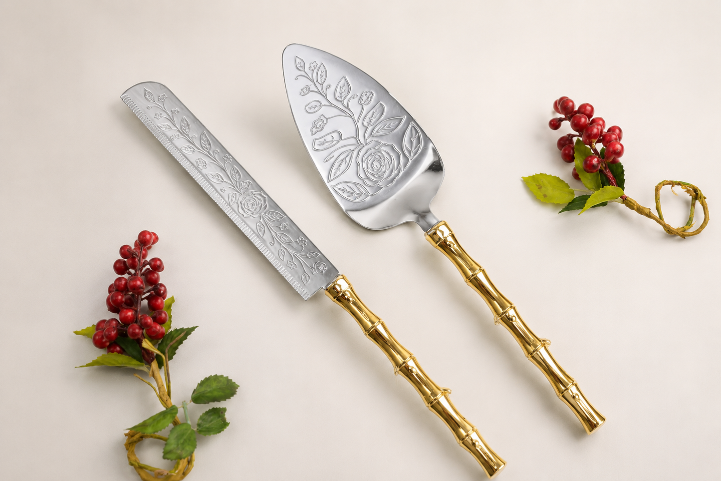 Luxury Gold Bamboo Cake Server Set | Engraved Stainless Steel Wedding Cake Knife & Serving Set