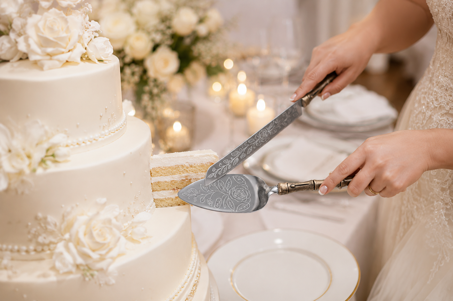 Luxury Gold Bamboo Cake Server Set | Engraved Stainless Steel Wedding Cake Knife & Serving Set