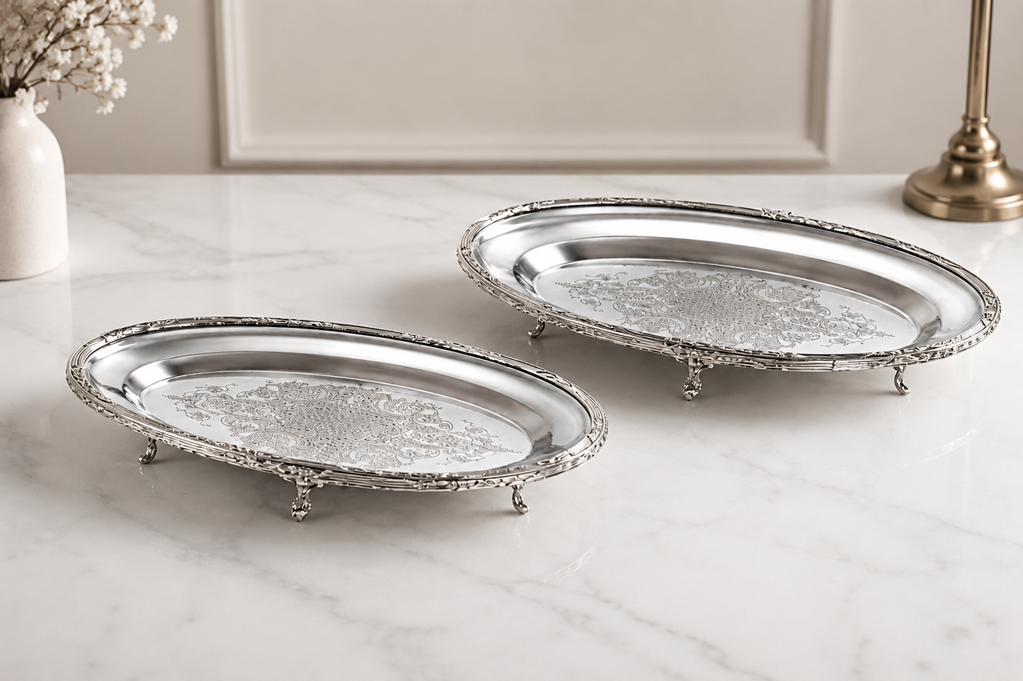 Silver Oval Serving Tray with Feet, Decorative Metal Presentation Platter for Home and Events