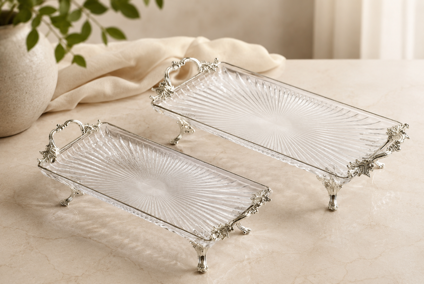 Luxury Glass Serving Tray, Decorative Gold Handles, Kitchen Counter Organizer