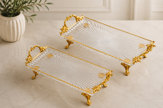 Luxury Glass Serving Tray, Decorative Gold Handles, Kitchen Counter Organizer
