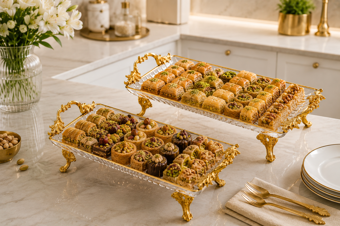 Luxury Glass Serving Tray, Decorative Gold Handles, Kitchen Counter Organizer