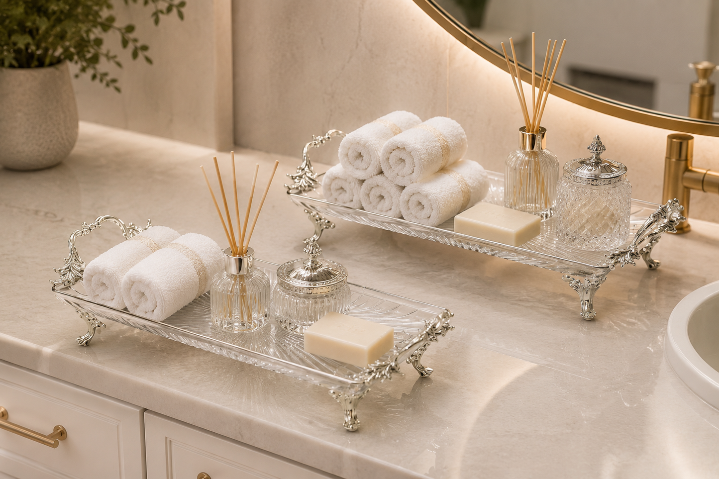Luxury Glass Serving Tray, Decorative Gold Handles, Kitchen Counter Organizer