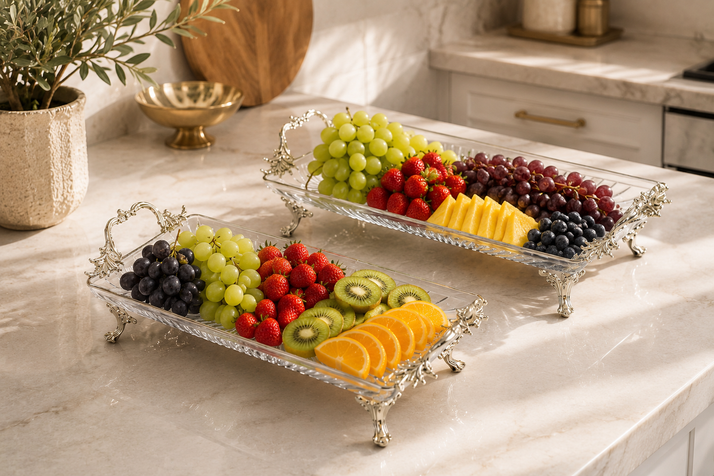 Luxury Glass Serving Tray, Decorative Gold Handles, Kitchen Counter Organizer